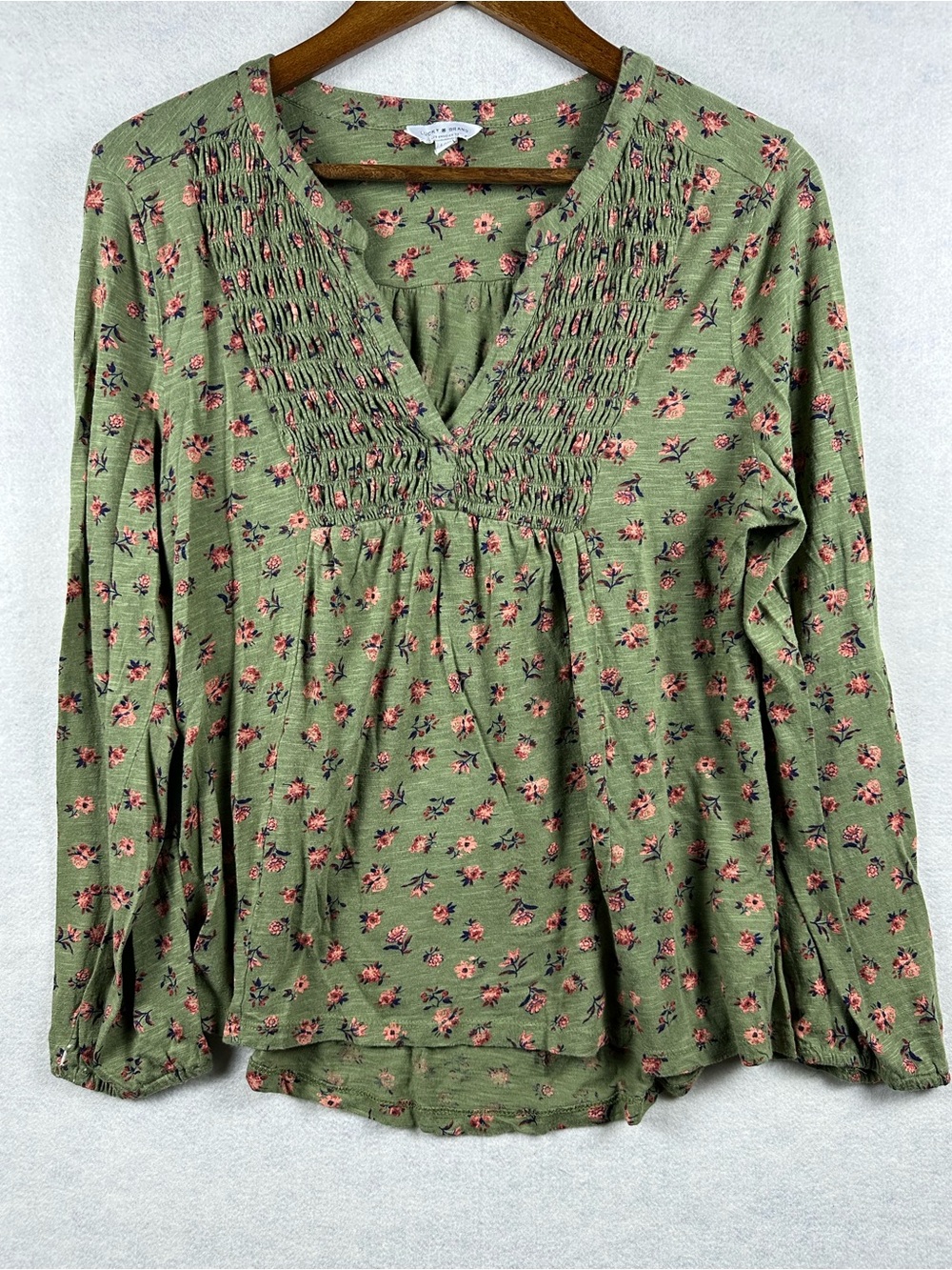 Lucky Brand Green Floral Smocked Boho Top Size Large